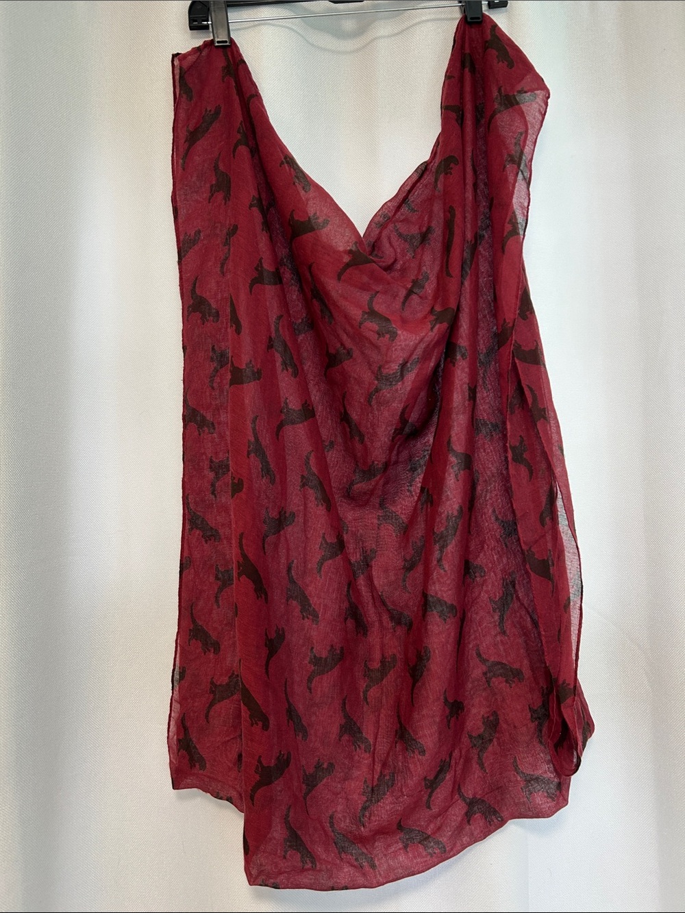 Red Sheer Scarf with T Rex Silhouette Print